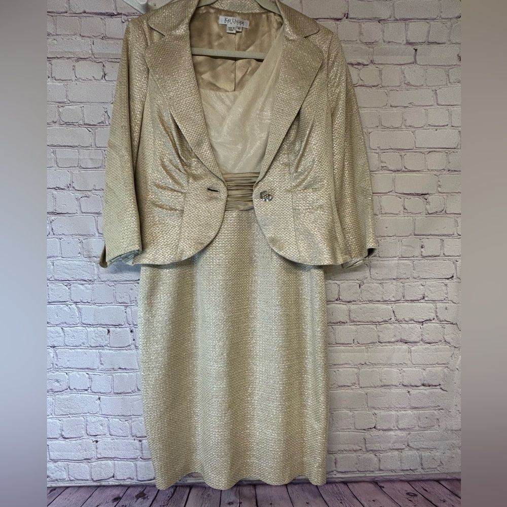 Kay Unger Cream Gold Tweed Silk Bodice Dress with Matching Silk Lined Jacket 10